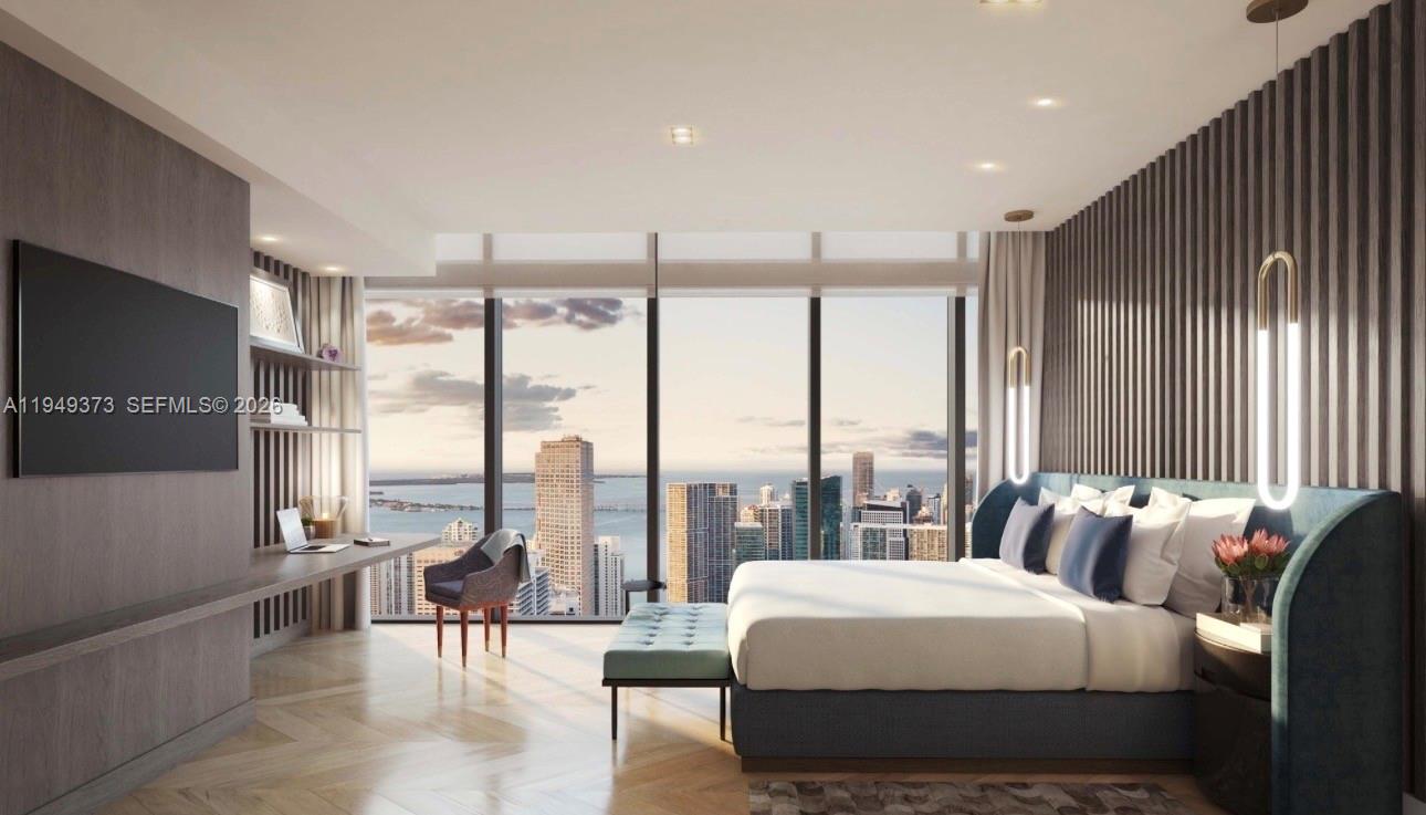 This rendering shows a modern bedroom with a desk, bed, and floor-to-ceiling city views — 300 N Biscayne Blvd. # 4608, Miami FL 33132, MIAMI, FL