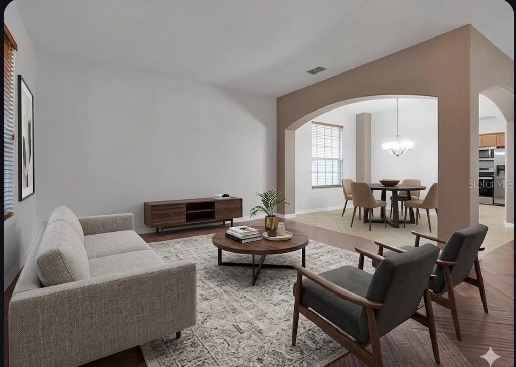 This is a virtual staging rendering of a living room with wood floors and dining area — 10233 SEROTINA COURT, ORLANDO, FL