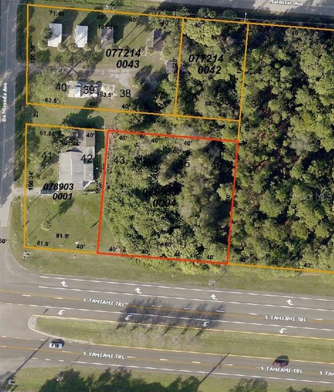 This is an aerial map showing property lot lines and parcel numbers — 11151 TAMIAMI LOTS 43 44 45 & 46 TRAIL S, NORTH PORT, FL