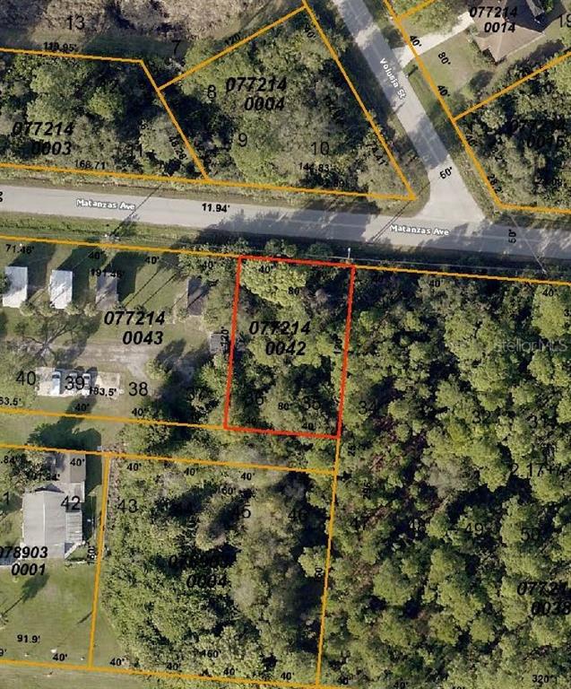 This is an aerial map showing property parcel boundaries and lot numbers — 11151 TAMIAMI LOTS 43 44 45 & 46 TRAIL S, NORTH PORT, FL