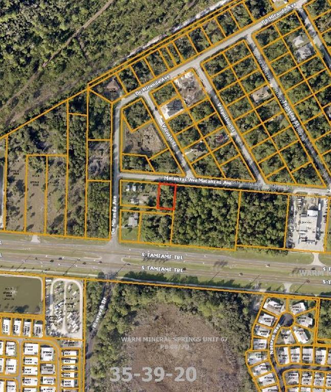 This is an aerial map showing a highlighted parcel of land near a major highway — 11151 TAMIAMI LOTS 43 44 45 & 46 TRAIL S, NORTH PORT, FL