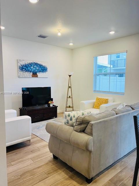 A living room features a grey sofa, a television on a stand, and wood-look flooring — HOMESTEAD, FL