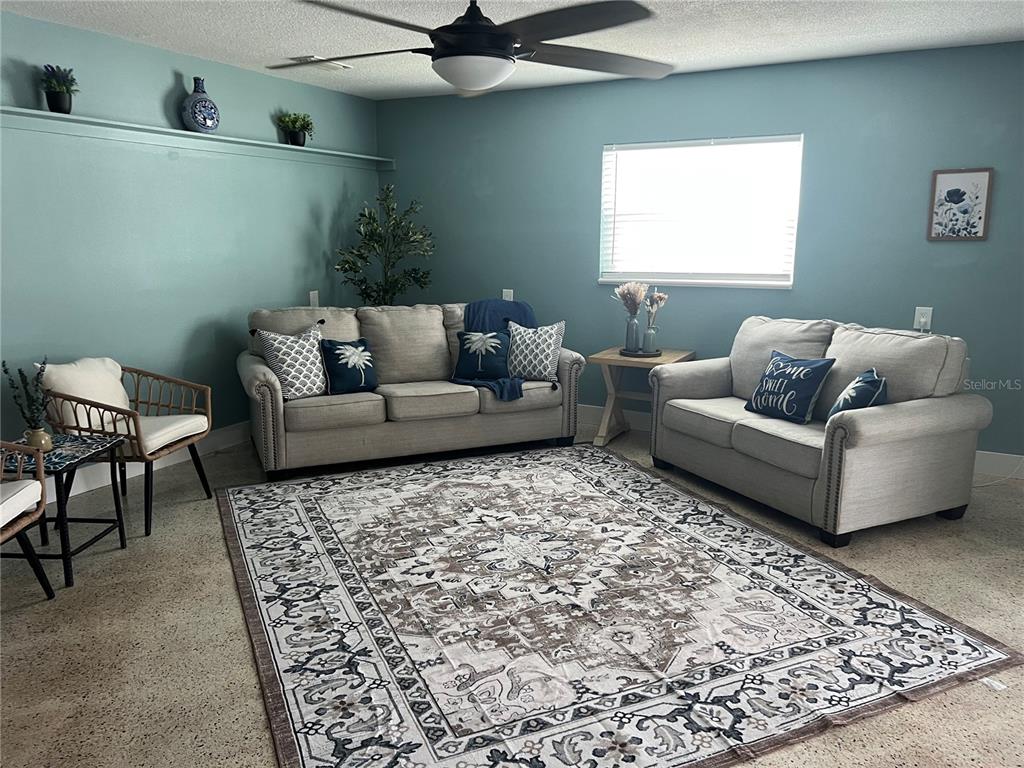 A living room features light blue walls, two gray sofas, and a patterned area rug — 4820 VENETIAN BOULEVARD NE, ST PETERSBURG, FL