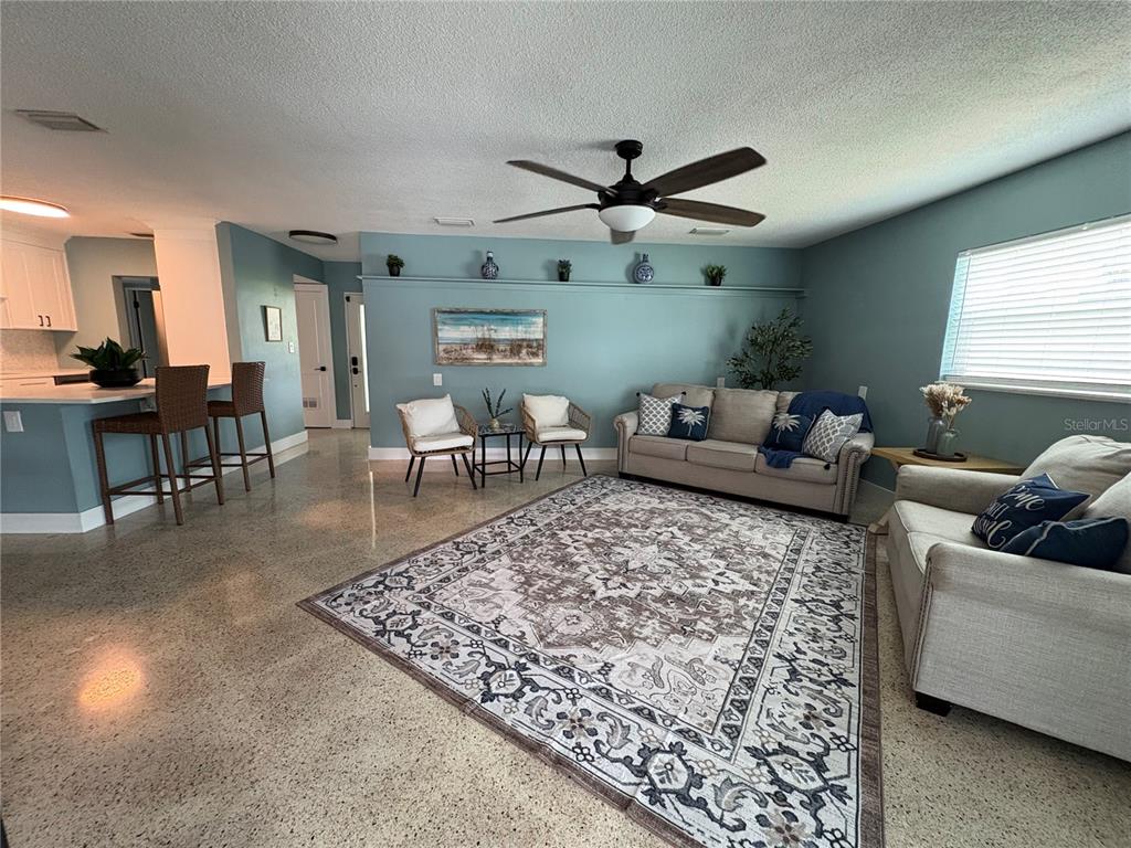 A living room features light blue walls, a ceiling fan, and a large patterned area rug — 4820 VENETIAN BOULEVARD NE, ST PETERSBURG, FL