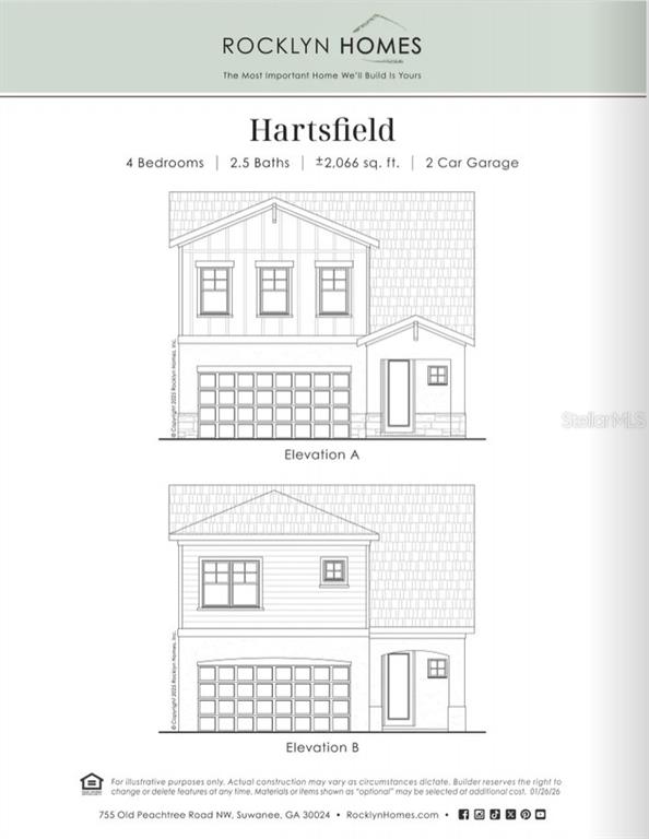 This architectural rendering shows two exterior elevation options for a two-story, four-bedroom residential home — 7959 CHANDLER LAKE COURT, HUDSON, FL