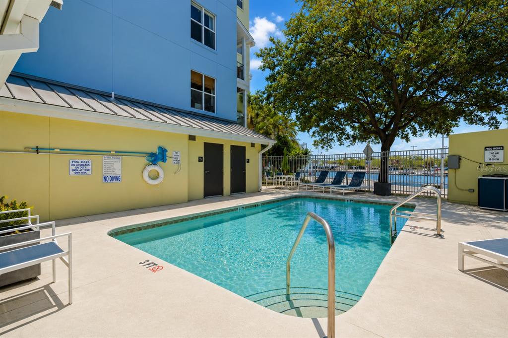 An outdoor swimming pool sits beside a yellow building with lounge chairs and a tree — 1501 DOYLE CARLTON DRIVE UNIT 411, TAMPA, FL