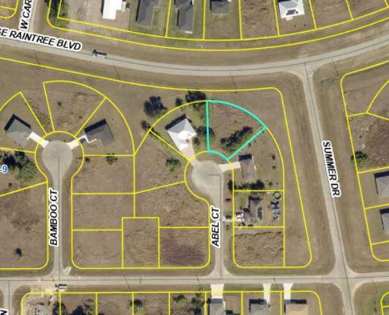 An aerial map view shows a vacant residential lot highlighted in a cul-de-sac — 9008 Abel Court, FL 33935, FL