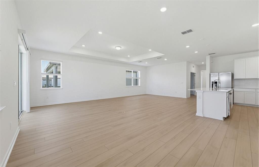 An open-concept living area features light wood-look flooring, a tray ceiling, and a white kitchen — 33383 HERDS HALLOW WAY, WESLEY CHAPEL, FL