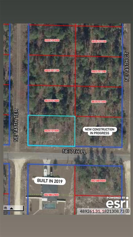 This is a satellite map showing residential lots, including one highlighted in blue — NE 7TH PLACE, WILLISTON, FL