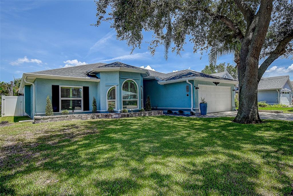 A blue single-story house with a white garage and a large tree in the front yard — 1105 CLIPPERS WAY, TARPON SPRINGS, FL