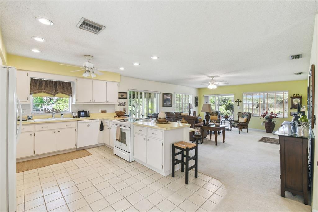 An open-concept kitchen with white cabinets and tile flooring flows into a carpeted living area — 441 SAN JOSE DRIVE, WINTER HAVEN, FL