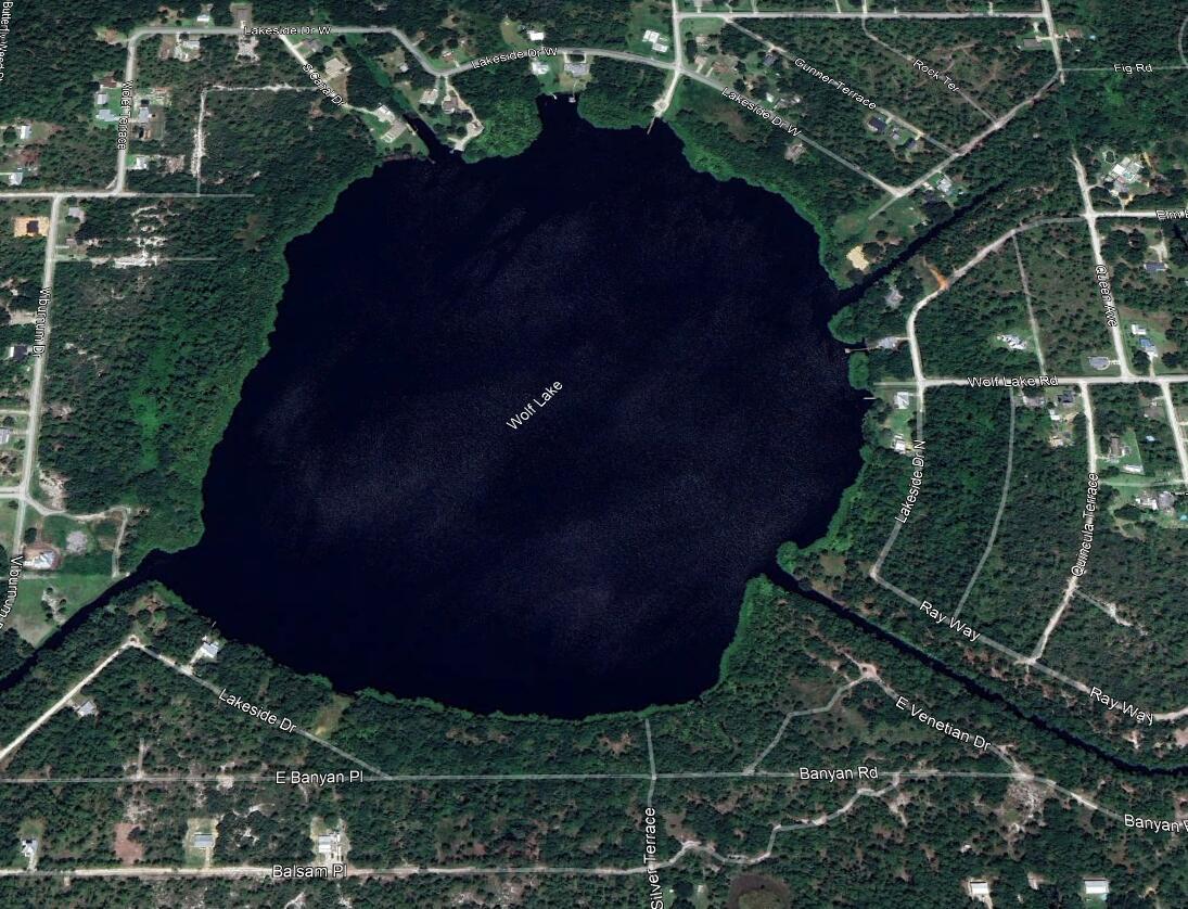 This is an aerial map view of Wolf Lake surrounded by residential streets and trees — 6507 E Banyan Place, Sebring FL 33875, SEBRING, FL