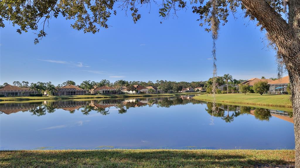 A calm lake reflects a row of residential houses under a clear blue sky — 552 CARO COURT, NEW SMYRNA BEACH, FL