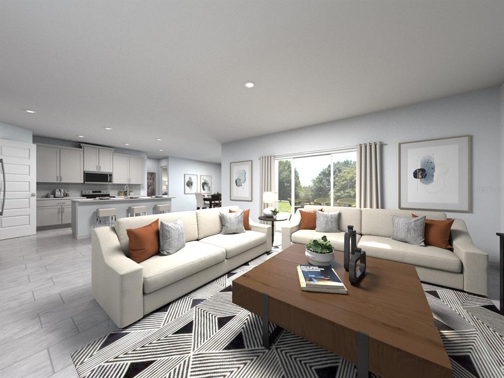 This is a digital rendering of an open-concept living room and kitchen with neutral furniture — 14164 HARVEST PINES LANE, HUDSON, FL