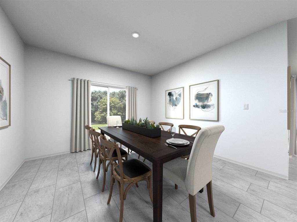 This is a digital rendering of a dining room with a dark table and tile flooring — 14164 HARVEST PINES LANE, HUDSON, FL