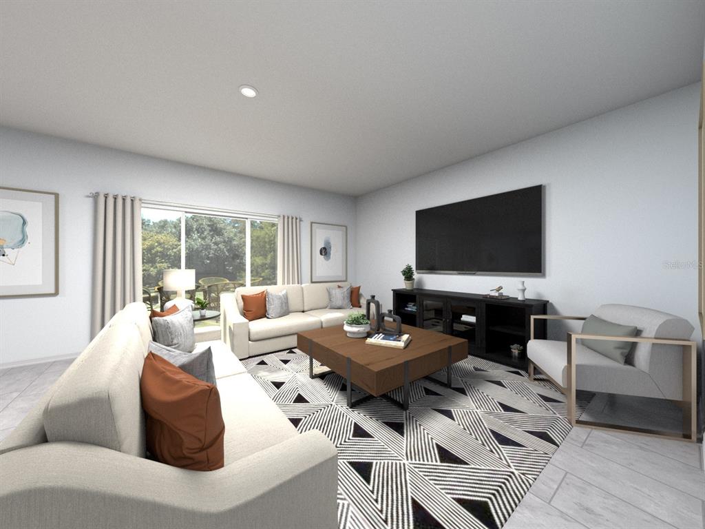This is a digital rendering of a modern living room with neutral furniture and decor — 14164 HARVEST PINES LANE, HUDSON, FL