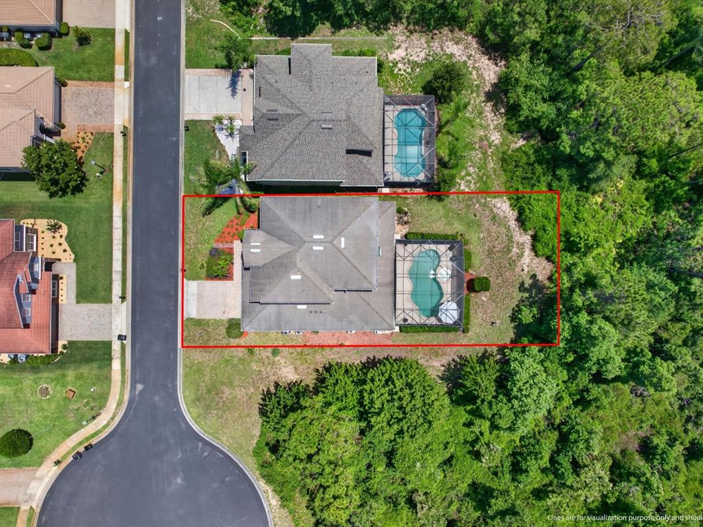 An aerial view shows a house with a screened-in pool and a fenced backyard — 561 HARRISWOOD COURT, DAVENPORT, FL