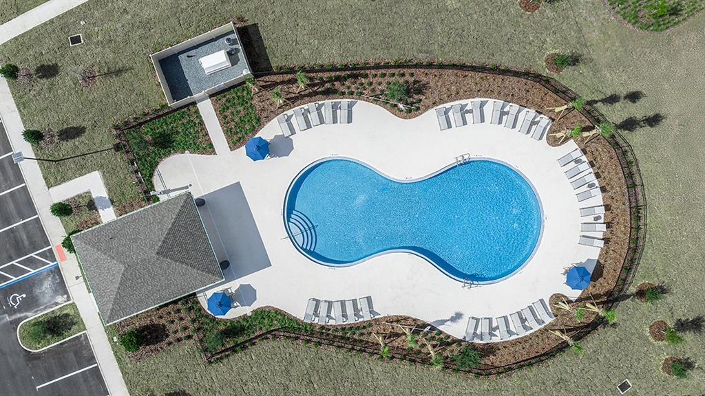 An aerial view shows a community swimming pool with lounge chairs and a covered pavilion — 233 STREAMWATER WAY, GROVELAND, FL