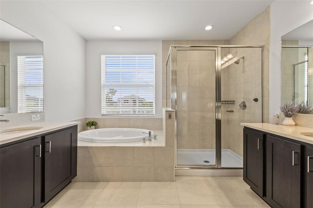 A bathroom features a soaking tub, a glass-enclosed shower, and dark wood double vanities — 3541 GREAT BANYAN WAY, WESLEY CHAPEL, FL