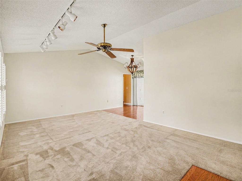 A living room with beige carpet, a ceiling fan, and track lighting — 7207 IMMOKALEE COURT, ORLANDO, FL