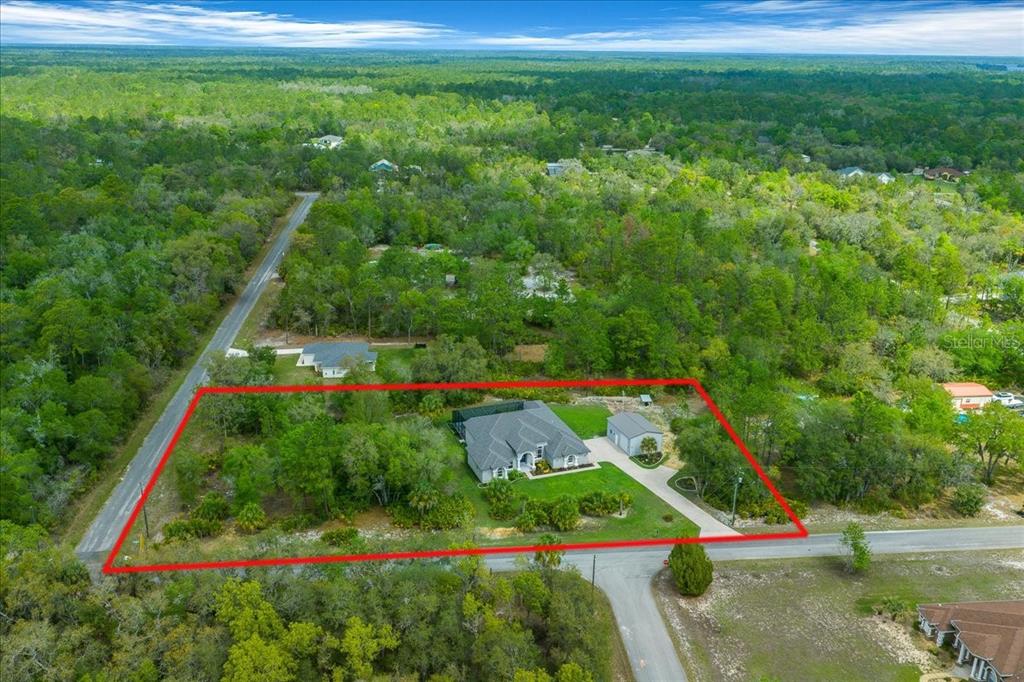 An aerial view shows a house with a detached garage on a wooded lot — 11667 W BLUEBELL DRIVE, CRYSTAL RIVER, FL