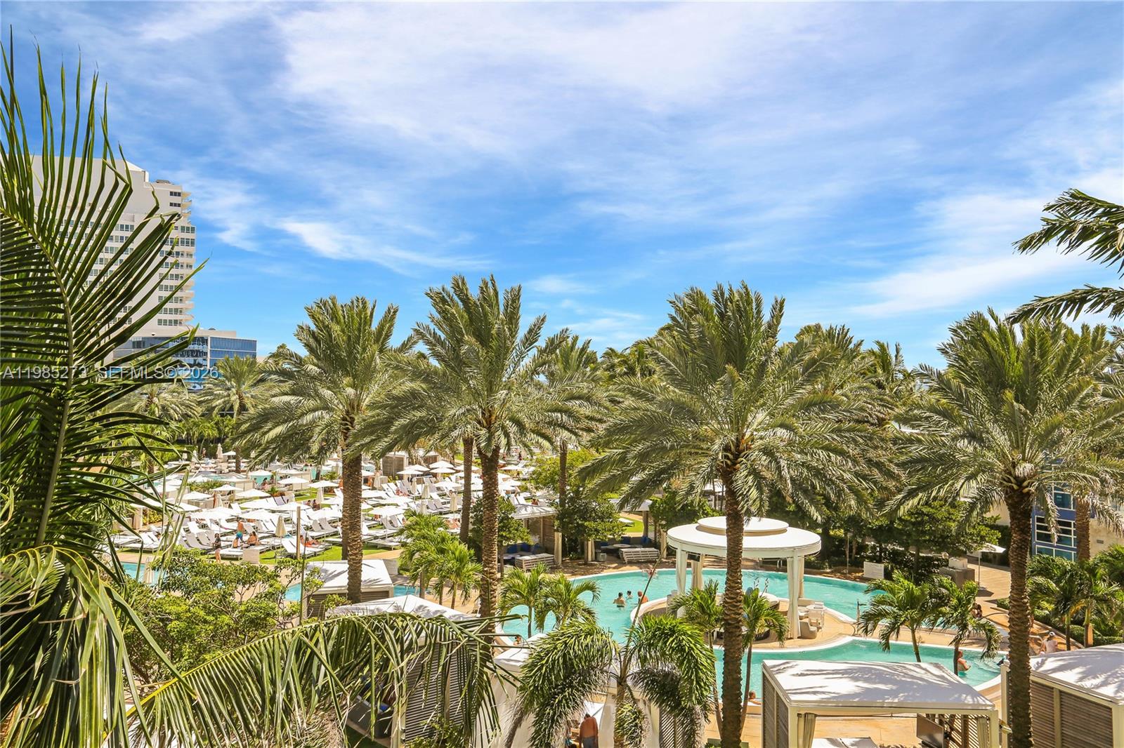 An elevated view of a resort swimming pool surrounded by palm trees and lounge chairs — 4391 Collins Ave # 307, Miami Beach FL 33140, MIAMI BEACH, FL