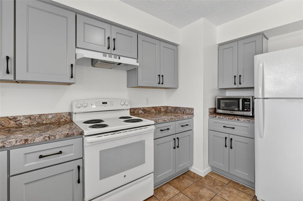 A kitchen with gray cabinets, white appliances, and brown speckled laminate countertops — 2319 S TENNYSON POINT, HOMOSASSA, FL