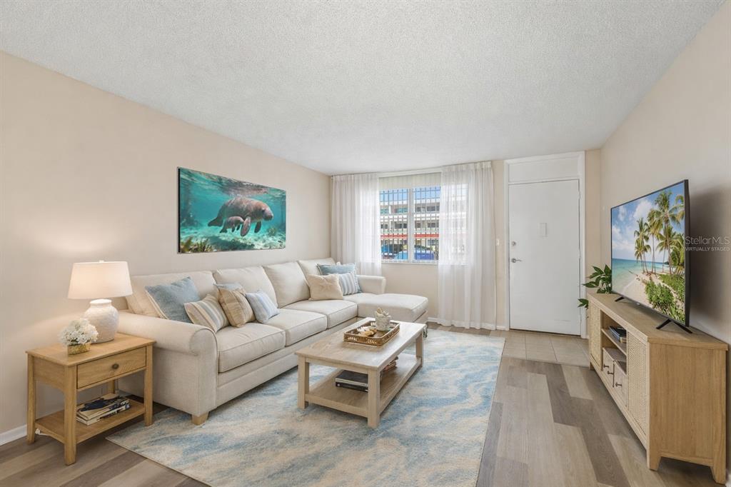 A living room features a sectional sofa, a coffee table, and a television on a console — 5095 BAY STREET NE UNIT 110, ST PETERSBURG, FL