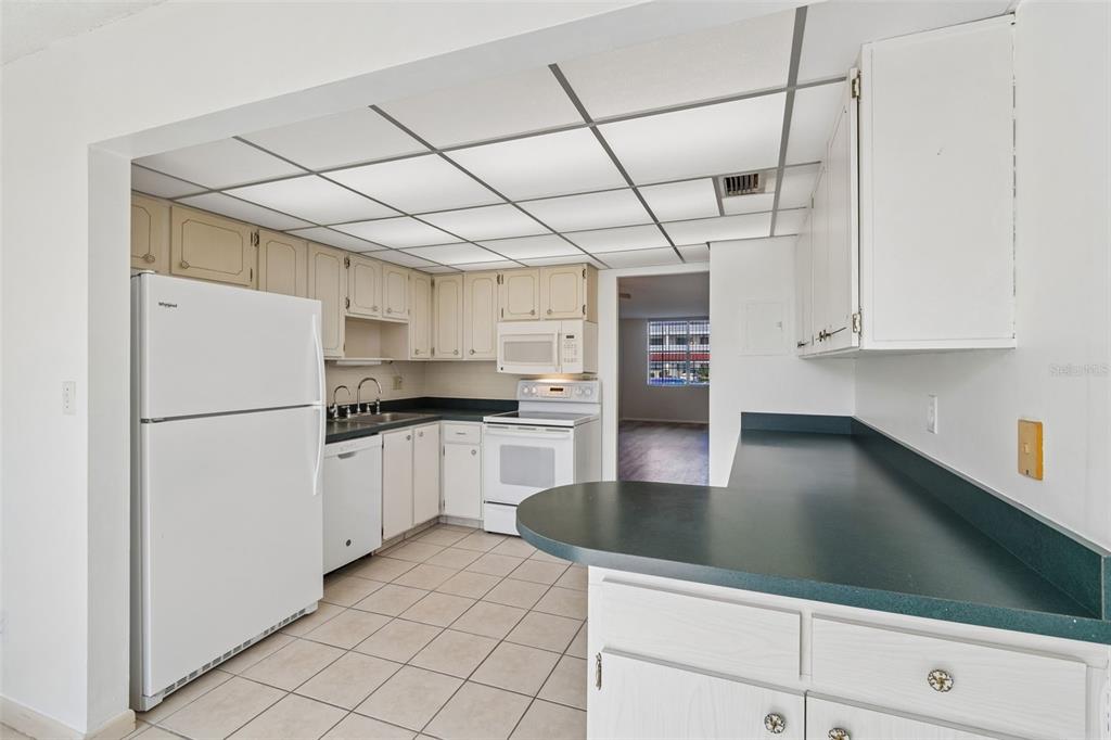 A kitchen features white cabinets, dark countertops, white appliances, and a drop ceiling with lights — 5095 BAY STREET NE UNIT 110, ST PETERSBURG, FL