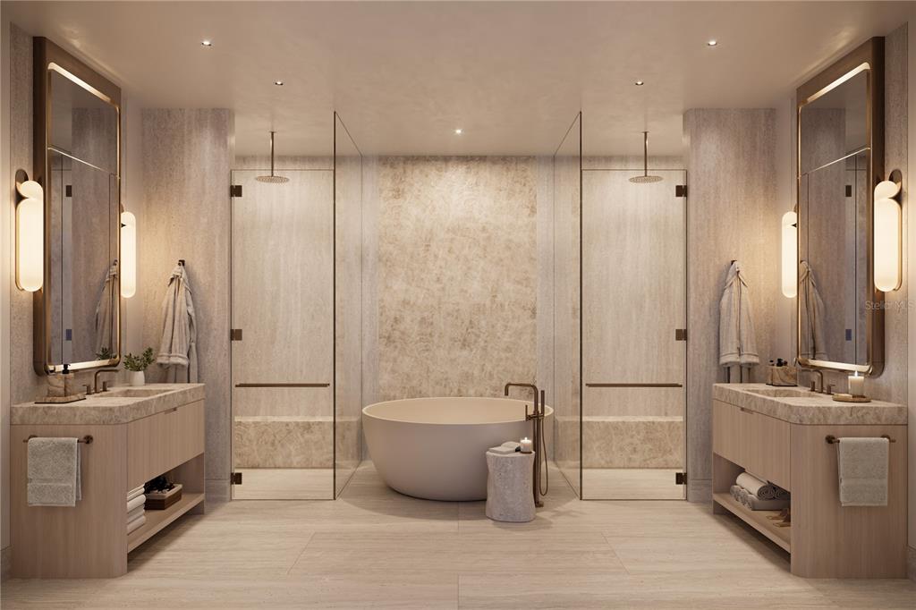 This rendering shows a luxury bathroom with dual vanities, a central soaking tub, and showers — 1390 MAIN STREET UNIT 1505, SARASOTA, FL