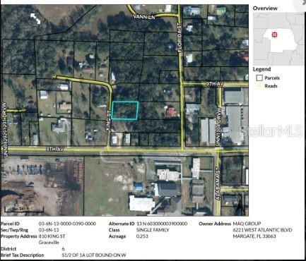 This is a property map showing a rectangular parcel of land highlighted in blue — 810 KING STREET, GRACEVILLE, FL
