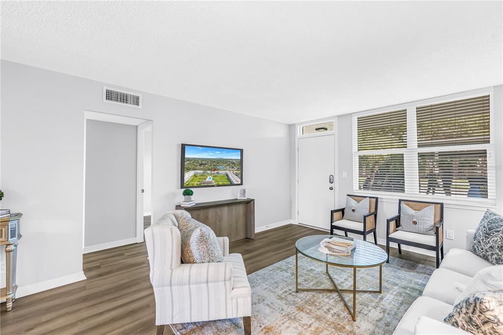 A living room features light gray walls, wood-look flooring, a television, and a seating area — 4715 BAY STREET NE UNIT 135, ST PETERSBURG, FL