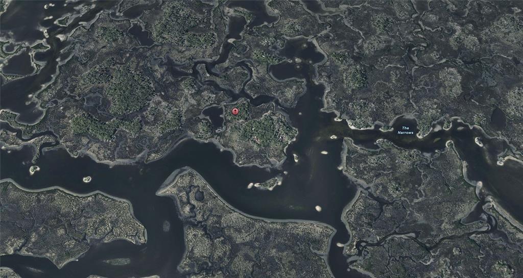 An aerial satellite view shows a marshy landscape with winding waterways and a red pin — 6 CARNAHANS ISLAND, CRYSTAL RIVER, FL