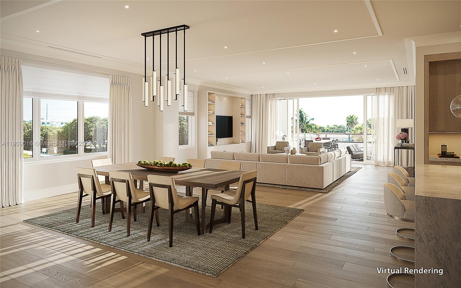 This virtual rendering shows an open-concept dining and living area with modern furniture and flooring — 1011 US Highway One # A203, Juno Beach FL 33408, JUNO BEACH, FL