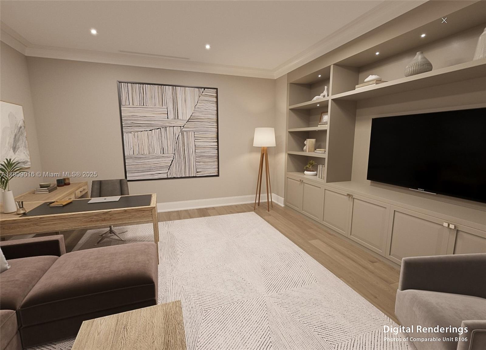 This digital rendering shows a home office with a desk, built-in shelving, and a television — 1011 US Highway One # A203, Juno Beach FL 33408, JUNO BEACH, FL