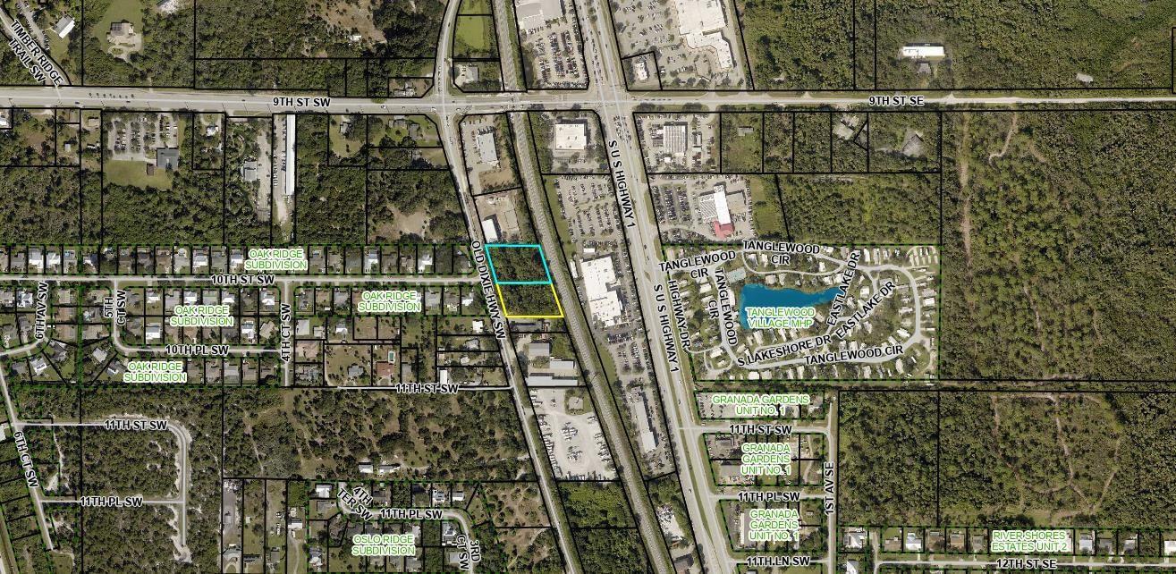 This is an aerial map showing a highlighted parcel of land near a highway — 1010 Old Dixie Highway, Vero Beach FL 32962, VERO BEACH, FL