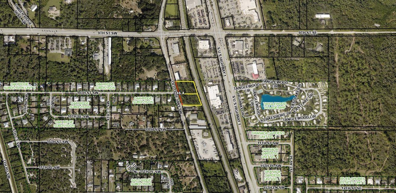 This is an aerial map showing a highlighted rectangular property lot near a highway — 1010 Old Dixie Highway, Vero Beach FL 32962, VERO BEACH, FL