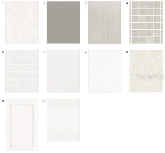 This image is a digital rendering showing ten different material and finish samples for home interiors — 5788 PORTICO PLACE, KISSIMMEE, FL