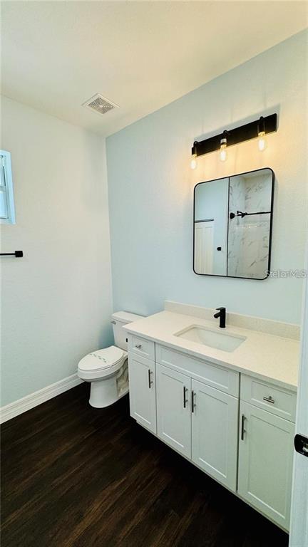 A bathroom features a white vanity, a rectangular mirror, a light fixture, and a toilet — 8169 OLSEN STREET, PORT CHARLOTTE, FL
