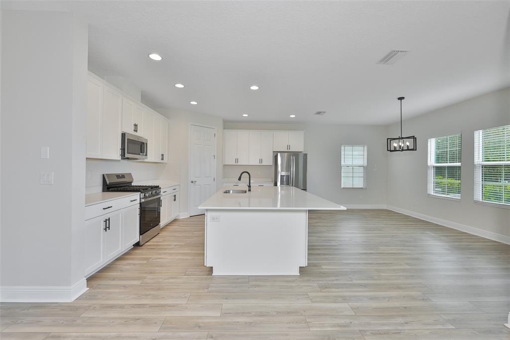A modern kitchen features white cabinetry, a large central island, and light wood-look flooring — 14661 HORSE TROT ROAD, LITHIA, FL
