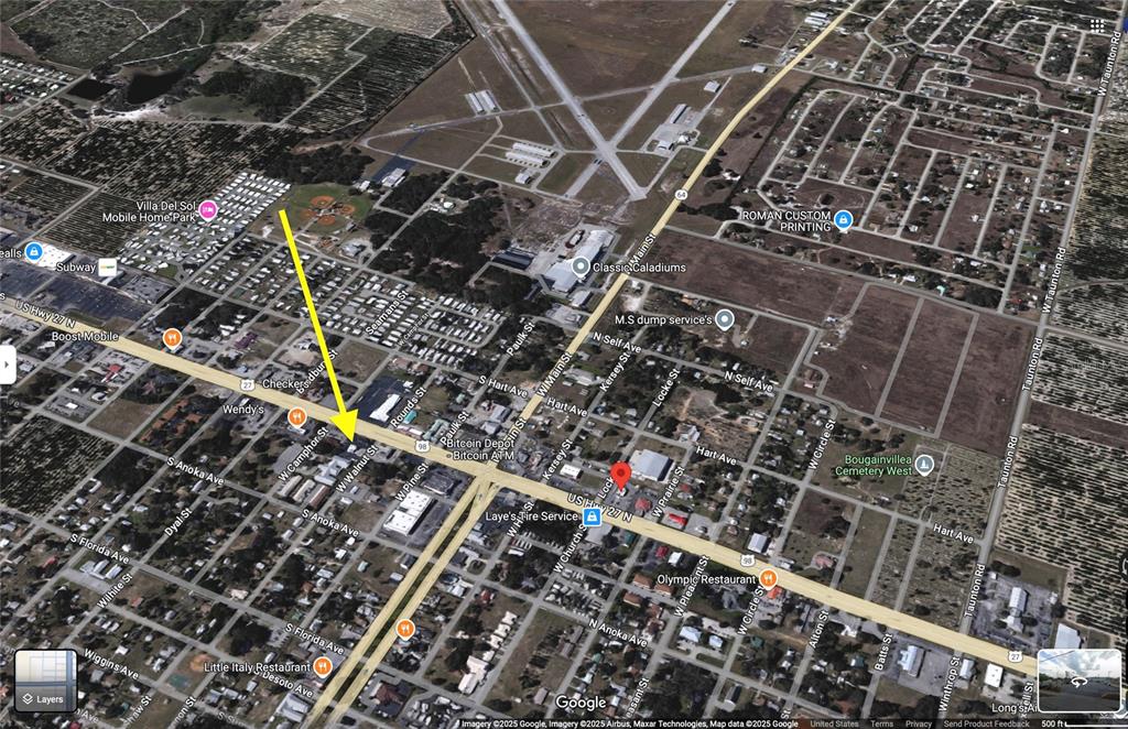 This is an aerial map view of a neighborhood featuring streets and local businesses — 201 US HIGHWAY 27 S, AVON PARK, FL