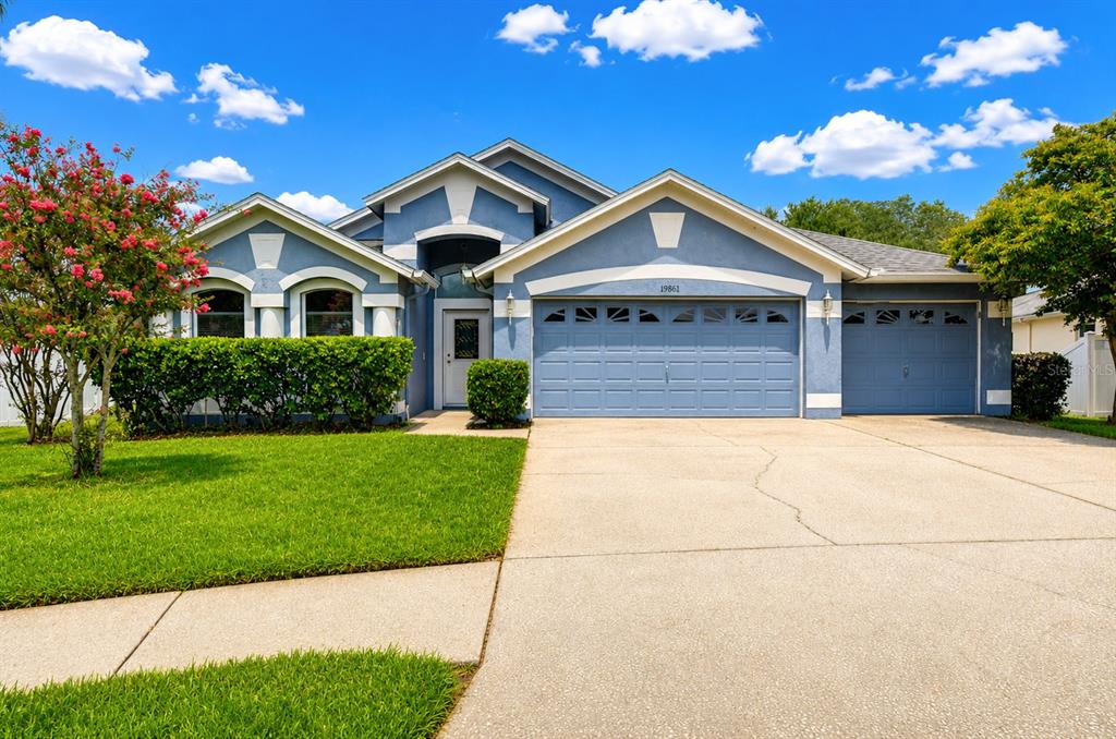 A blue single-story house with a three-car garage and a green lawn under a blue sky — 19851 ELLENDALE DRIVE, LAND O LAKES, FL
