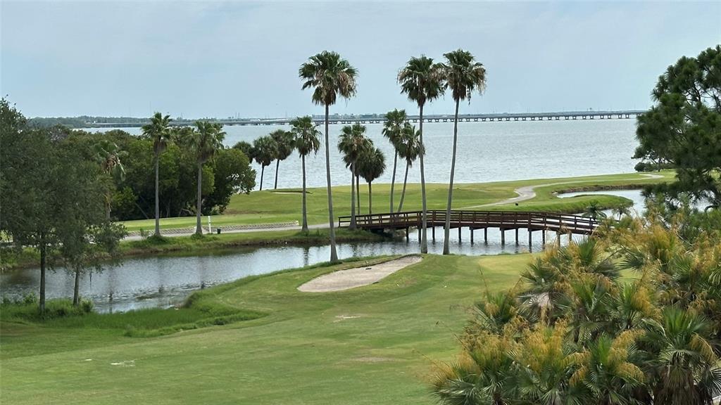 A view of a golf course with a wooden bridge, palm trees, and water — 3400 COVE CAY DRIVE UNIT 4E, CLEARWATER, FL