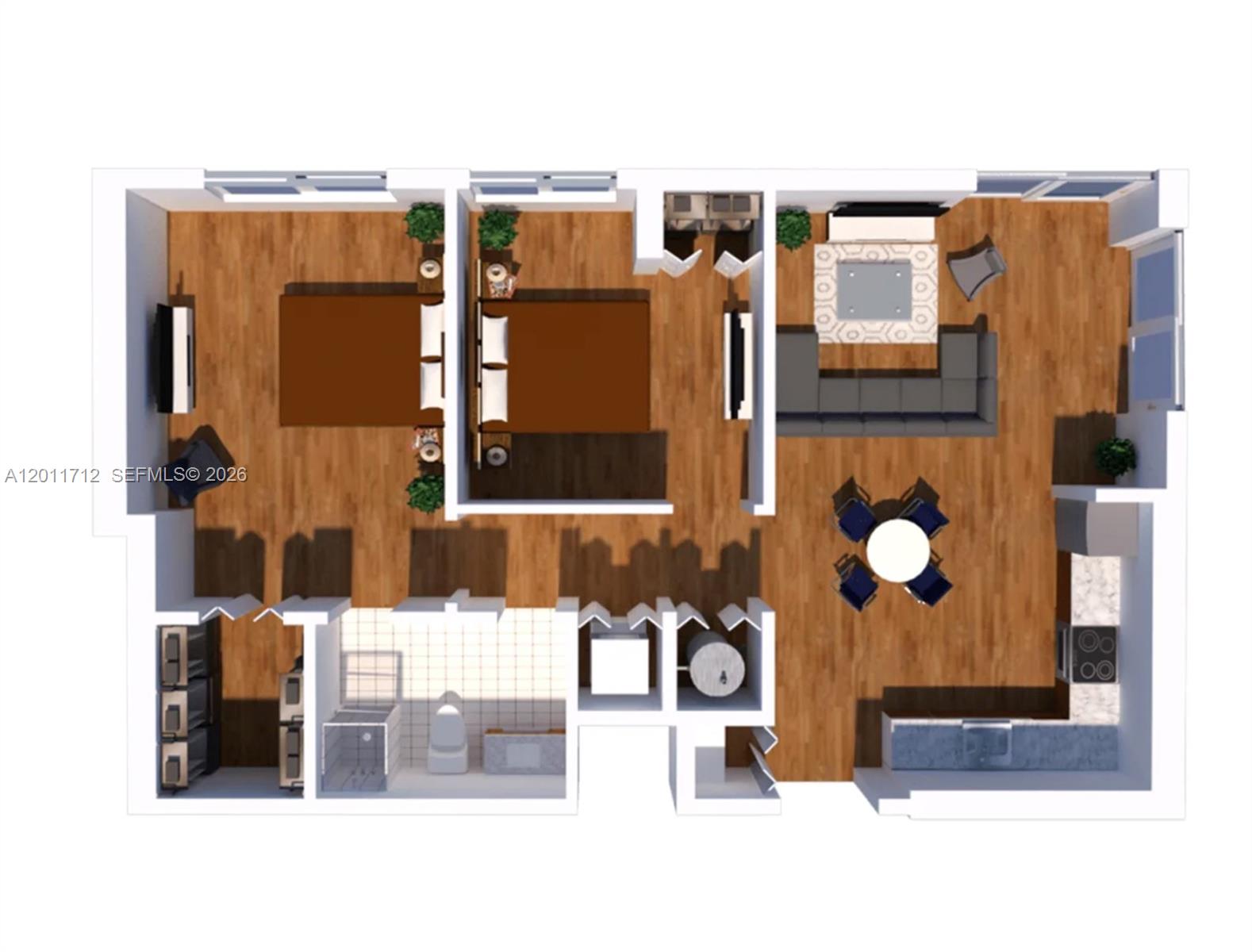 This is a 3D floor plan rendering of a two-bedroom apartment with an open-concept layout — 61 NW 37th Ave # 21, Miami FL 33125, MIAMI, FL