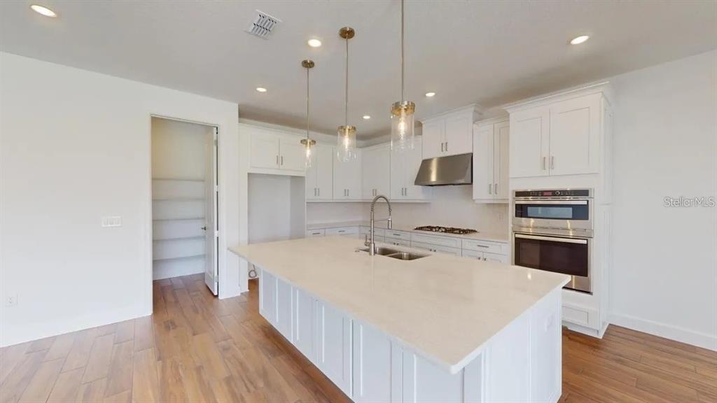 A modern kitchen features white cabinetry, a large central island, and stainless steel appliances — 4911 CASERTA COURT, PALMETTO, FL