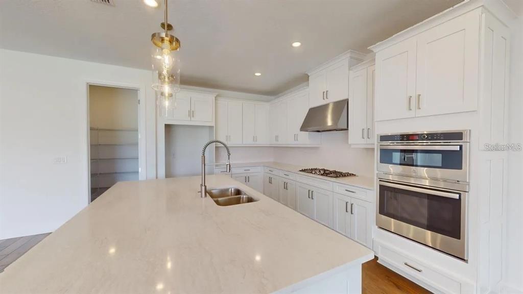 A modern kitchen features white cabinetry, a large quartz island, and stainless steel appliances — 4911 CASERTA COURT, PALMETTO, FL
