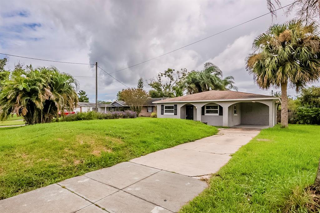 A single-story house with a concrete driveway, a carport, and palm trees in the yard — 28042 LOIS DRIVE, TAVARES, FL