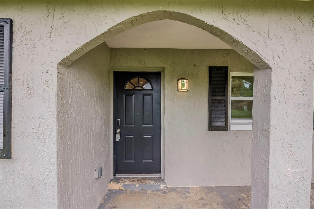 A black front door with a semi-circular window is set within a covered stucco entryway — 28042 LOIS DRIVE, TAVARES, FL