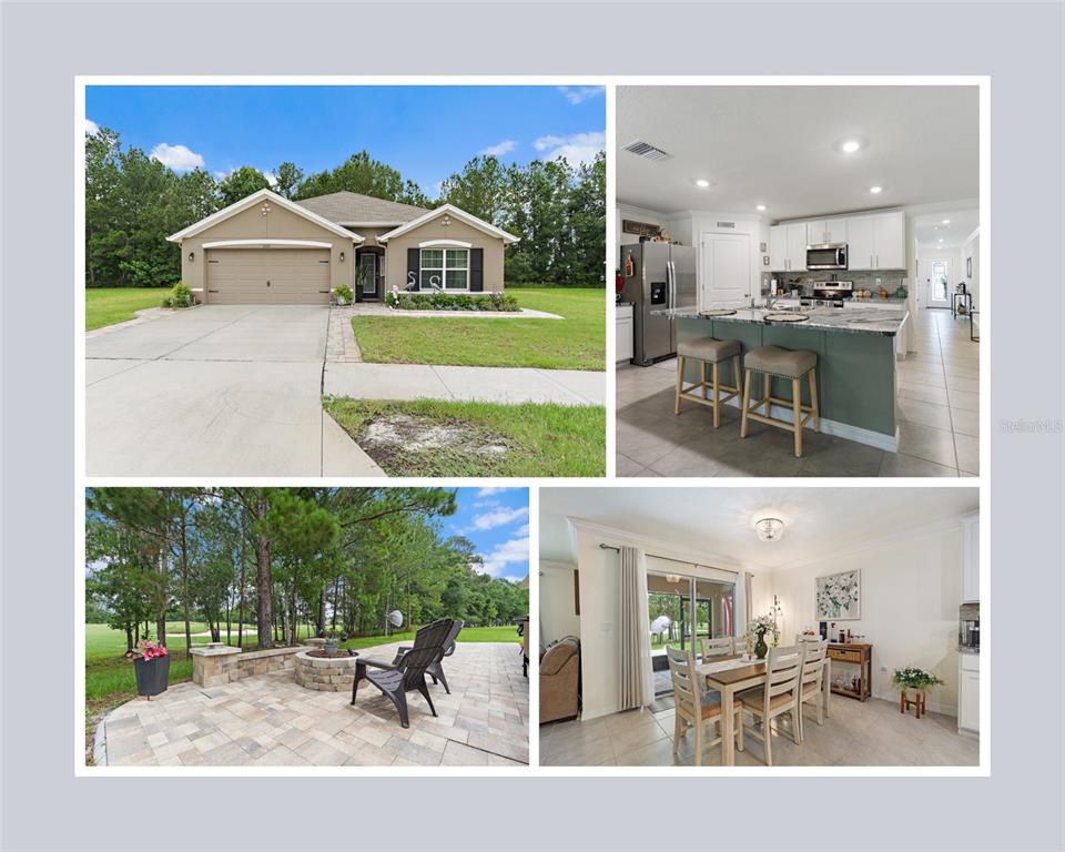 A collage shows a house exterior, a kitchen with an island, a patio, and dining area — 5223 BYRONIC COURT, BROOKSVILLE, FL