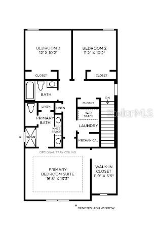 This is a floor plan of a residential second floor featuring three bedrooms and a laundry room — 13026 SUNSET GARDEN LANE, WINTER GARDEN, FL